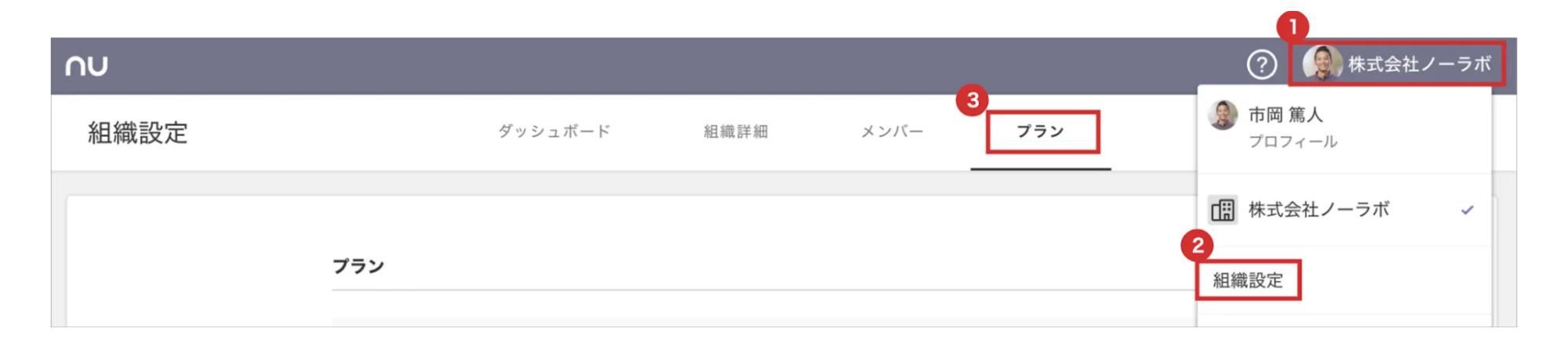 組織設定で「プラン」の位置を赤枠で囲っている状態のスクリーンショット。