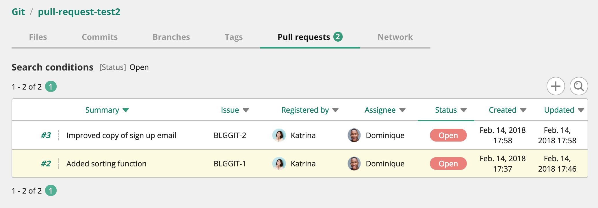 Pull request list in Backlog, a Git hosting service with bug tracking
  features.