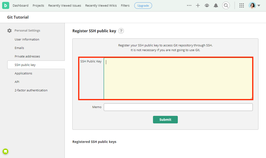 Paste the content of SSH public key and click "Register" button