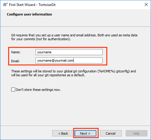 Enter the name and e-mail address as the user information on the
    screen of Git