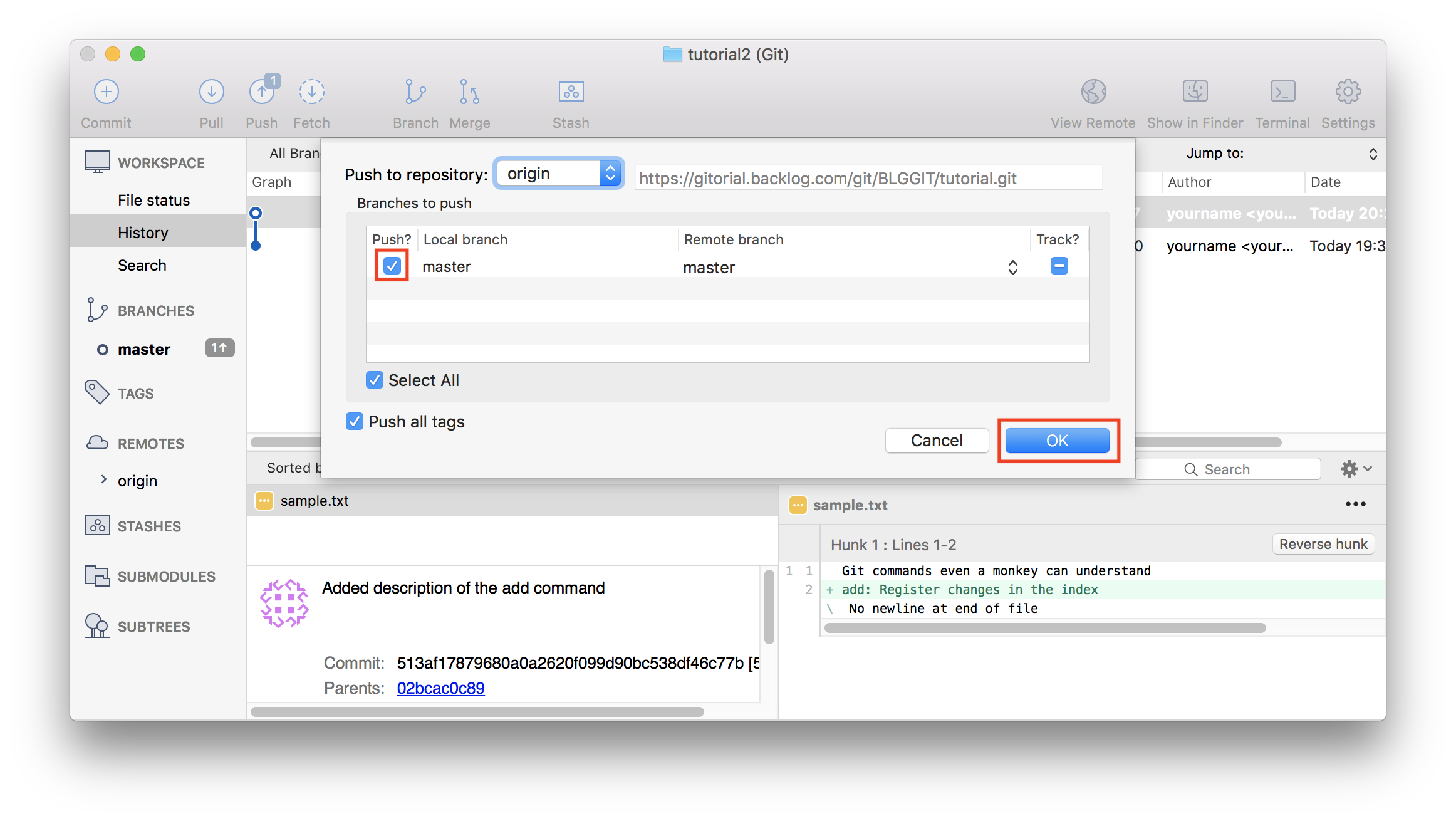 Confirm that the "master" checkbox is selected, then click the "OK" button.