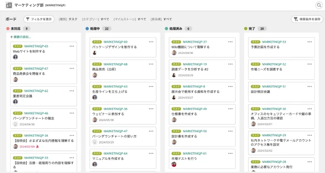Backlogのカンバンボード機能の例。未対応、処理中、処理済み、完了の4つのステータス列にタスクカードが分類表示されている。