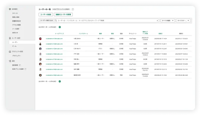 Backlogのユーザー設定管理画面。ユーザーの一覧が表示されている。