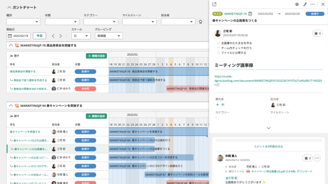 ガントチャートでマーケティング施策の進捗を管理する画面。右側には選択したタスクの詳細が表示されている。