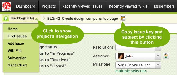 See issue's subject always.  Move to other pages within the project easier, too.