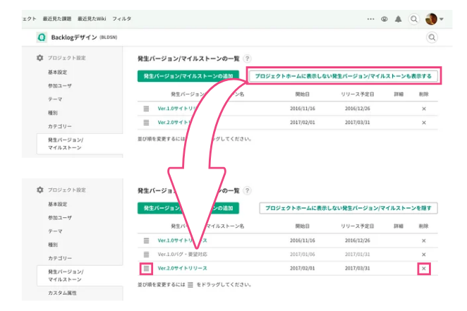 発生バージョンマイルストーン一覧