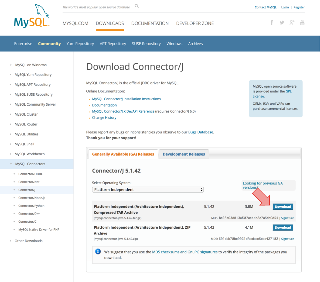 画面:MySQLドライバのダウンロードサイト
