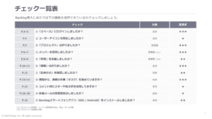 Backlogの活用表についてチェック項目が表示されている