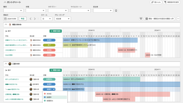 Backlogのガントチャート画面。担当者ごとにタスクがグループ化され、各タスクの進行状況が色分けされたバーで表示されている。タスクには「資料作成」「月次資料確認」などが含まれ、状態は「未対応」「処理中」「完了」などで表示され、スケジュールに沿って配置されている。