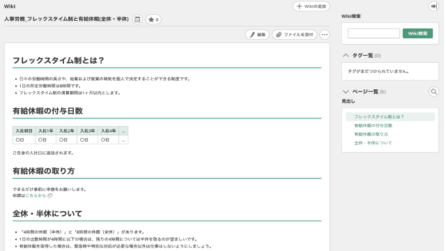BacklogのWikiページ「人事規程_フレックスタイム制と有給休暇の全休・半休」。フレックスタイム制の説明、有給休暇の付与日数と取得方法、全休・半休の取り扱いについて記載されている。右側にはページ一覧とWiki検索欄が表示されている。