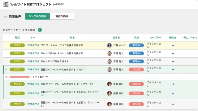 Backlogの課題一覧画面。課題タイプ「タスク」が並び、「福岡市の対応状況を可視化する」「キャンペーンメールの作成」などの件名と、担当者、状態（処理中、処理済み、対応しないなど）、登録日、更新日が表形式で表示されている。