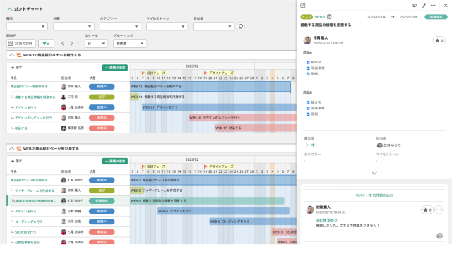 Backlogのガントチャート画面と課題詳細の分割ビュー。左側にはWeb関連プロジェクトの進行状況がガントチャート形式で表示されており、タスクの状態は「未対応」「処理中」「完了」などで色分けされている。右側には選択中の課題「掲載する商品の情報を用意する」の詳細が表示されており、担当者やチェックリスト、コメントなどが確認できる。