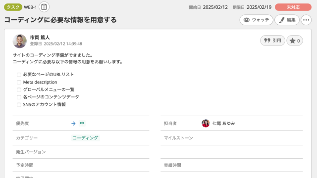 Backlogの課題詳細画面。課題名は「コーディングに必要な情報を用意する」で、コーディングに必要な情報としてURLリストやメタディスクリプション、グローバルメニュー、コンテンツデータ、SNSアカウント情報などのチェックリストが表示されている。状態は「未対応」、優先度は「中」、カテゴリは「コーディング」。