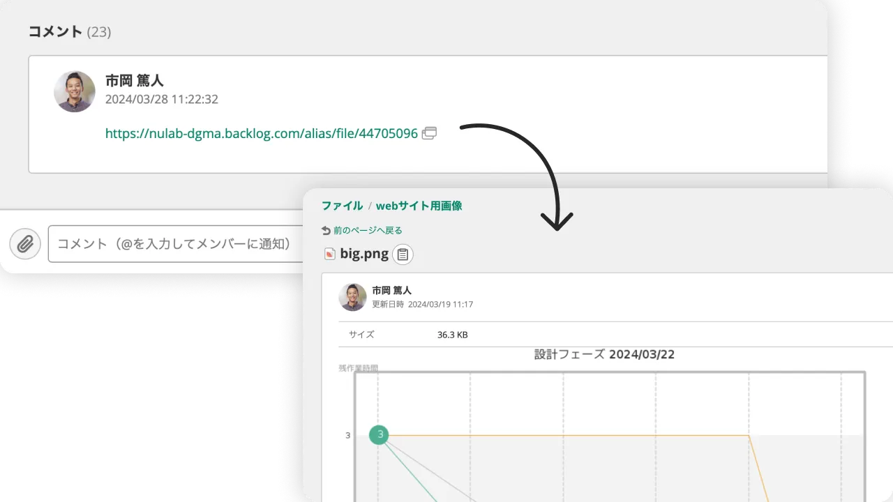 Backlogで、コメントに貼られたファイルのURLリンクから、そのファイルの詳細ページにアクセスできる様子