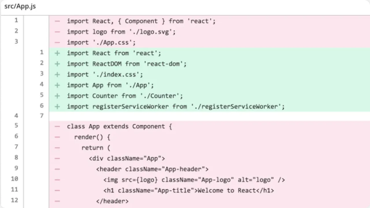 削除された箇所には赤い背景、追加された箇所には緑の背景が表示され、ソースコードの差分を確認できる様子
