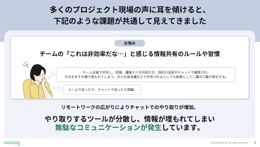 ツール分散による情報埋没と無駄なコミュニケーションの発生を示すスライド