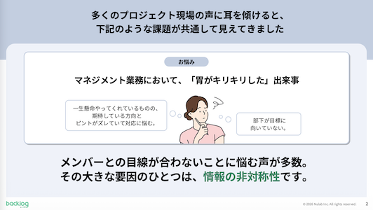メンバーとの目線が合わない要因の一つが「情報の非対称性」であることを説明するスライド