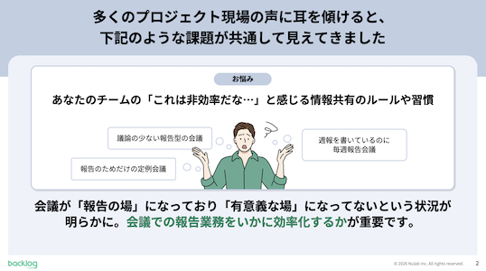 「議論の少ない報告型の会議」など、会議が単なる報告の場になり有意義な場になっていないという課題を指摘し、効率化の重要性を訴えるスライド