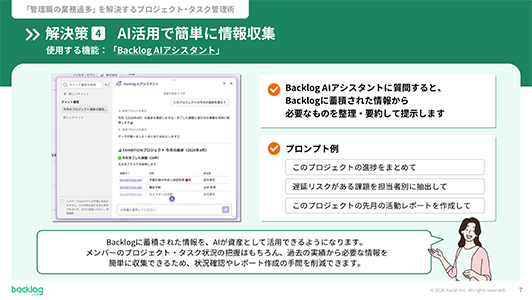 解決策4「AI活用で簡単に情報収集」を説明するスライド。「Backlog AIアシスタント」のチャット画面のスクリーンショットと共に、プロジェクトの進捗まとめなどのプロンプト例が紹介され、蓄積された情報をAIで整理・要約することで状況確認やレポート作成の手間を削減できると解説されています。