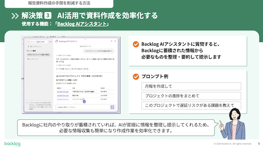 報告資料作成の手間を削減する解決策3「AI活用で資料作成を効率化する」を解説したスライド。Backlog AIアシスタントのチャット画面イメージと共に、AIに質問することで蓄積された情報から必要なものを整理・要約して提示してくれることや、「月報を作成して」「プロジェクトの進捗をまとめて」などの具体的なプロンプト例が記載されています。