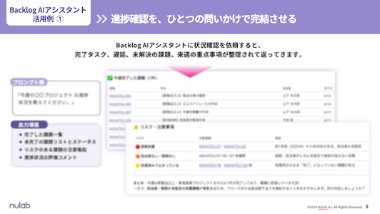 「Backlog AIアシスタントで実現するプロジェクト状況把握と週次レポート作成術」のサンプルページ