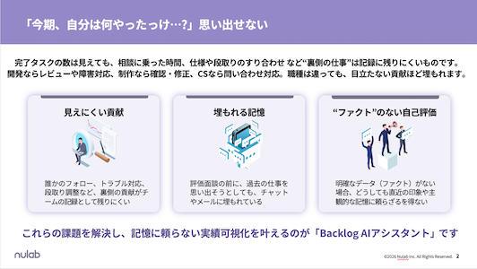「Backlog AIアシスタントで実現する活動実績ふり返りと評価面談準備術」のサンプルページ