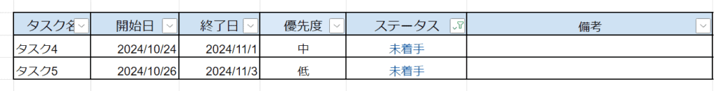 エクセルのフィルター機能で条件を絞った後の内容が表示されています