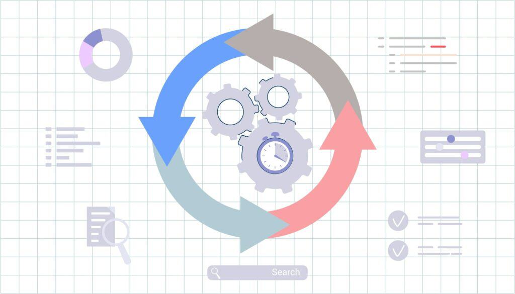 ギアとその周りを矢印が囲んでいるプロセス図のイラストです