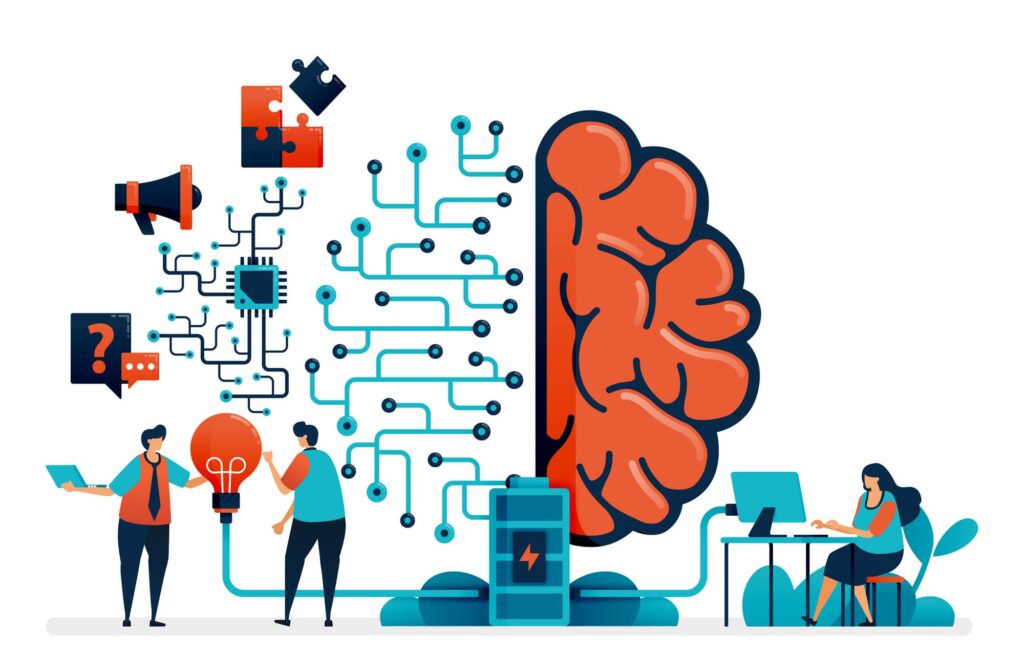 コンピュータの前で作業する人々と、その中央に脳があり命令系統が描かれたイラスト