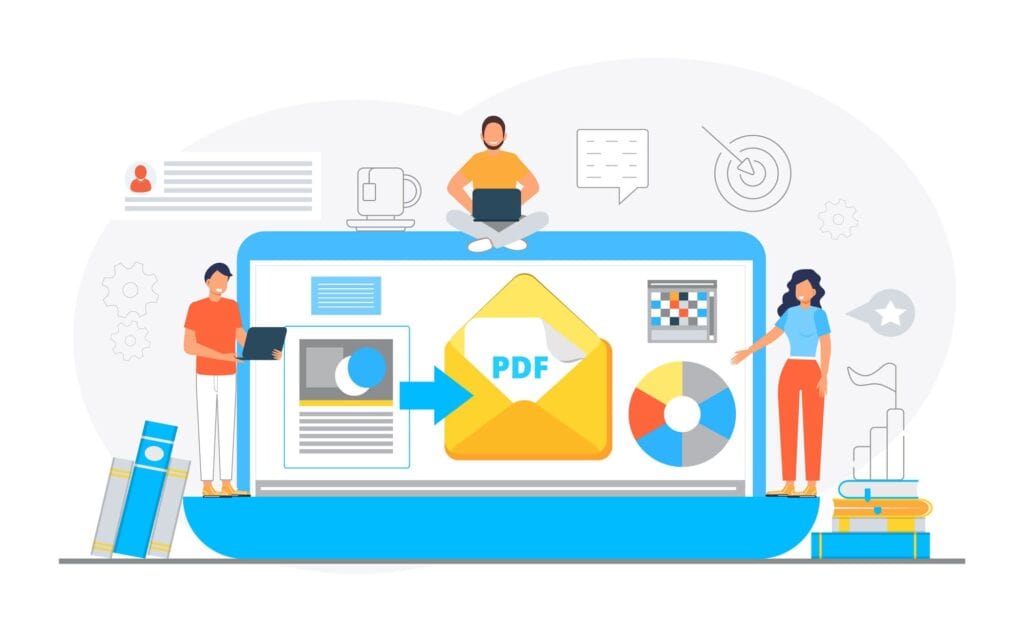 ノートパソコンの画面にPDFと書かれた書類があり、その周りを複数人のビジネスパーソンが取り囲んでいるイラスト画像