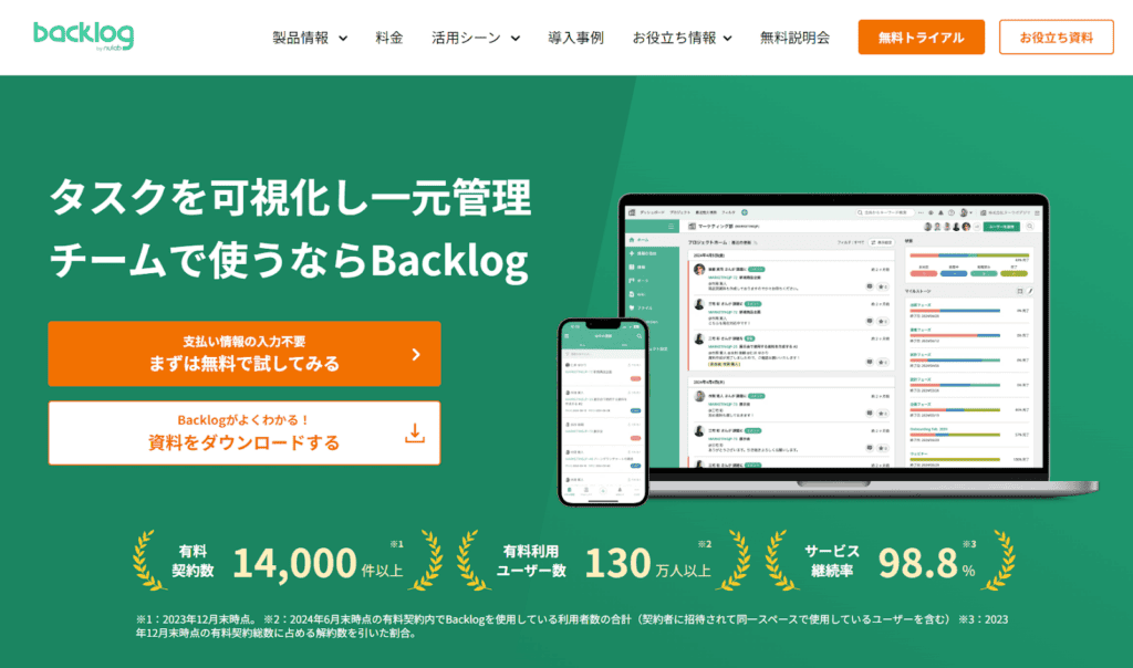 Backlogサイトのトップページ、「タスクを可視化し一元管理
チームで使うならBacklog」と記載されている