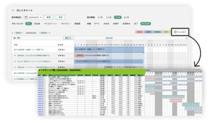 Backlogで作成したガントチャートをエクセル形式で出力している様子の画像