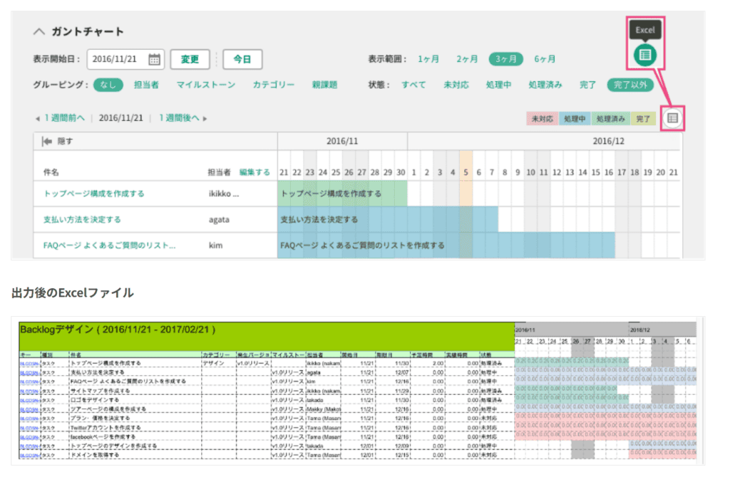 Backlogで作成したガントチャートを、エクセル形式で出力する様子の画像