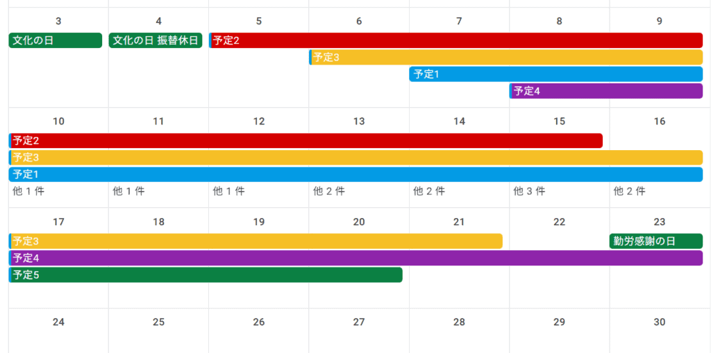 Googleカレンダー上で期間が重なるタスクが複数ある様子の画像
