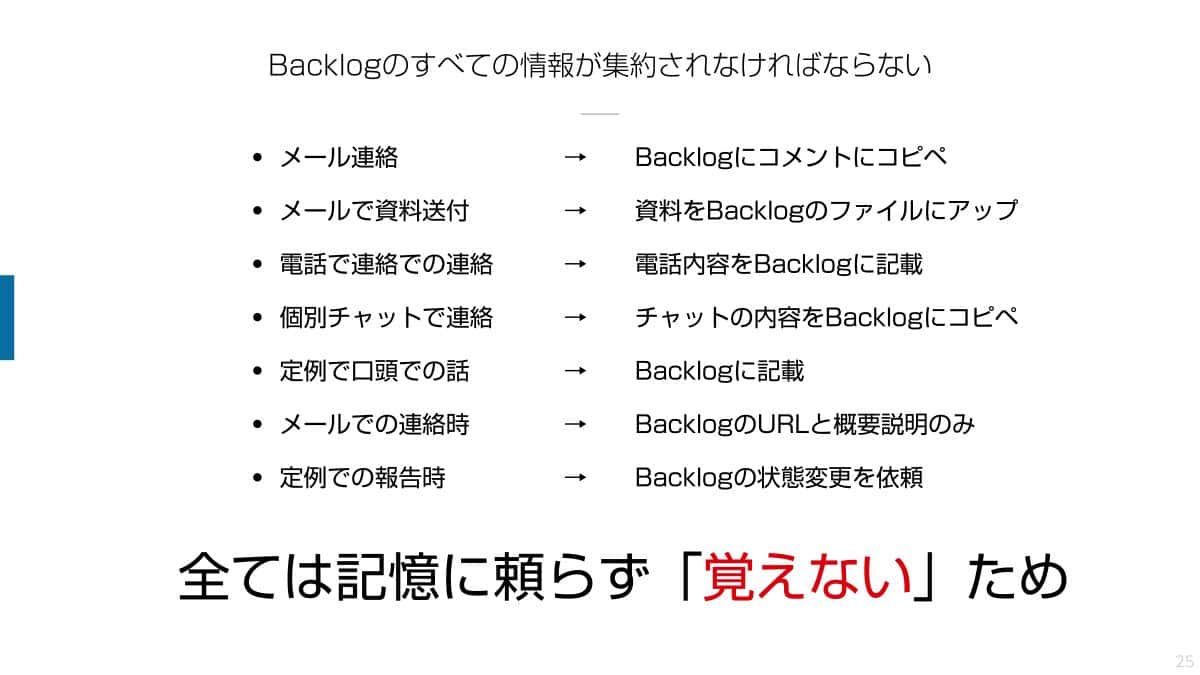 記憶に頼らず「覚えない」ために、Backlogにすべての情報が集約されなければならない