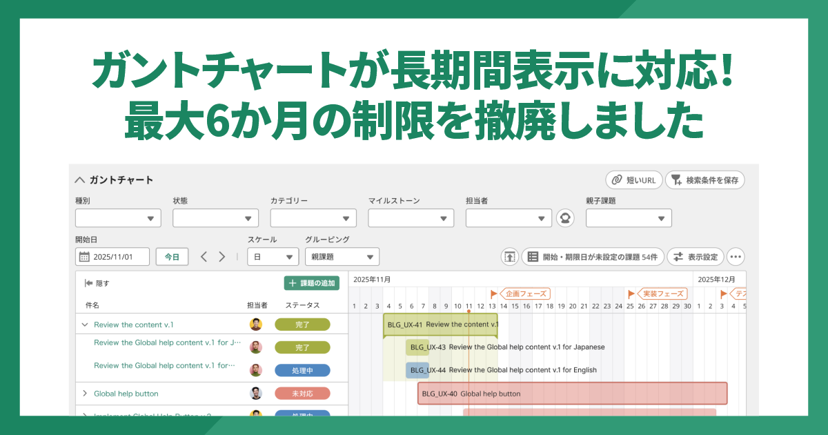 ガントチャートが長期間表示に対応！最大6か月の制限を撤廃しました