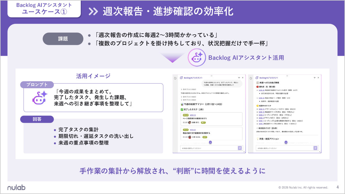 「チームの仕事を、前に進めるBacklog AIアシスタント」サンプルページ