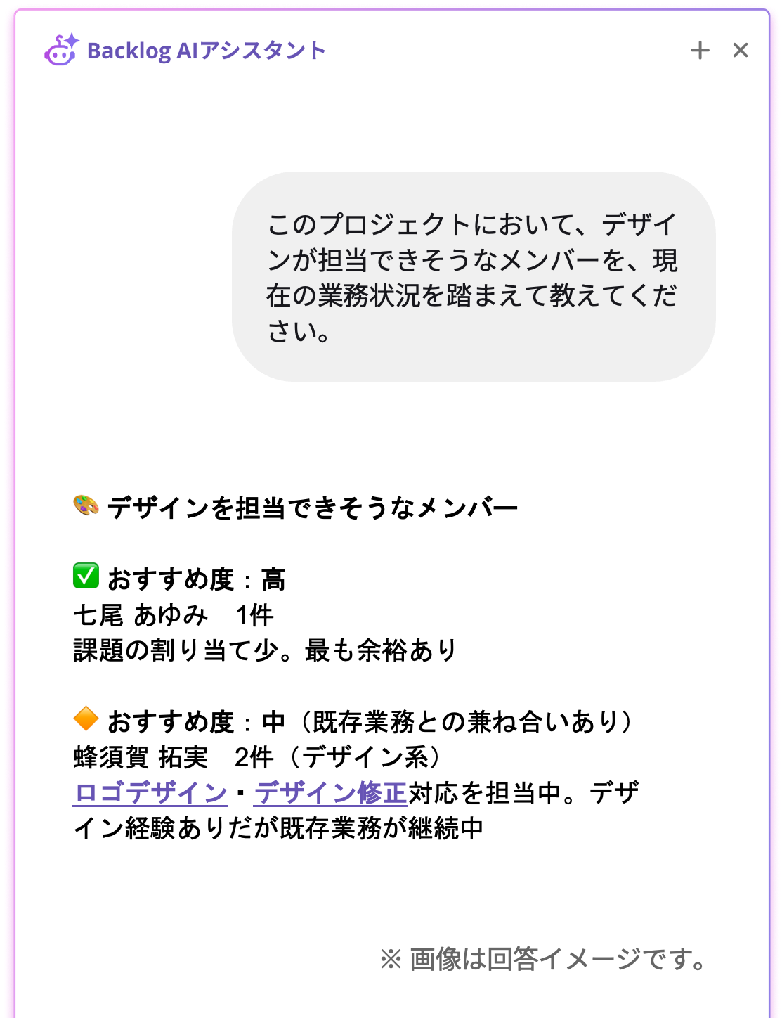 Backlog AIアシスタントのチャット画面。「デザインを担当できそうなメンバーを業務状況を踏まえて教えて」という質問に対し、AIがメンバーの課題数や空き状況を分析し、おすすめ度（高・中）を付けて候補者を回答しているイメージ画像。