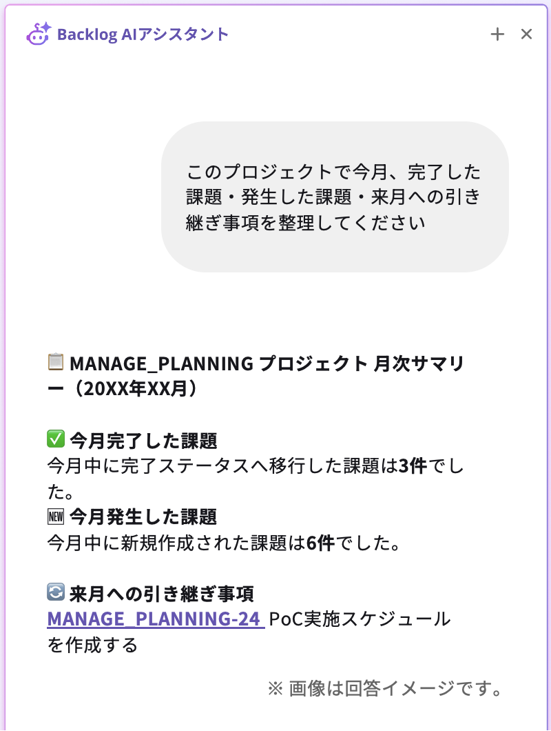 Backlog AIアシスタントのチャット回答イメージ画面。ユーザーの「今月完了した課題・発生した課題・来月への引き継ぎ事項を整理してください」という質問に対し、AIがプロジェクトの月次サマリーとして、完了した課題3件、発生した課題6件、引き継ぎ事項を整理して回答しています。