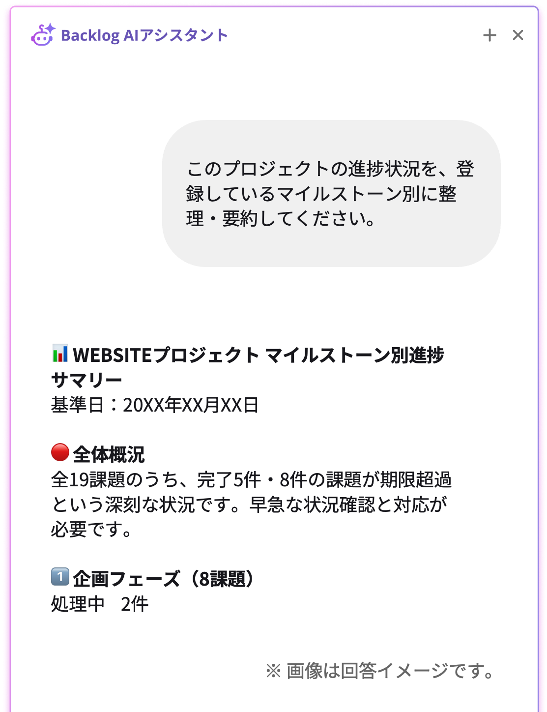 Backlog AIアシスタントのチャット画面。「プロジェクトの進捗状況をマイルストーン別に整理・要約して」という指示に対し、AIが全体概況や期限超過の警告、フェーズごとの課題数をサマリーとして返答している。