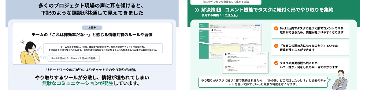 ツールの分散によって情報が埋もれてしまう課題に対し、Backlogのコメント機能を使ってタスクにやり取りを集約し、情報を探しやすくする解決策を紹介するスライド2枚。