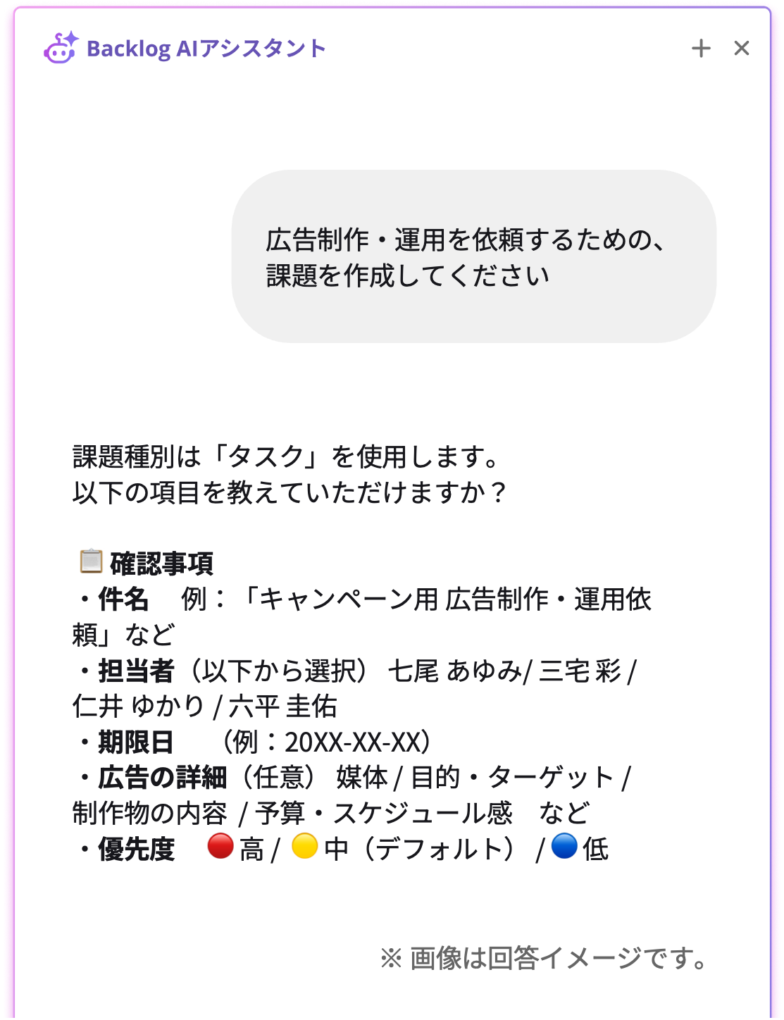 Backlog AIアシスタントのチャット画面。広告制作・運用の依頼課題を作成する流れで、件名・担当者・期限日・広告の詳細・優先度（赤=高/黄=中/青=低）など確認事項をAIが提示している様子