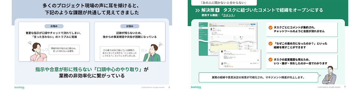 口頭やチャット中心のやり取りで指示が流れ証跡が残らない課題と、Backlogのコメント機能でタスクに経緯を紐づけて可視化する解決策を並べた画像