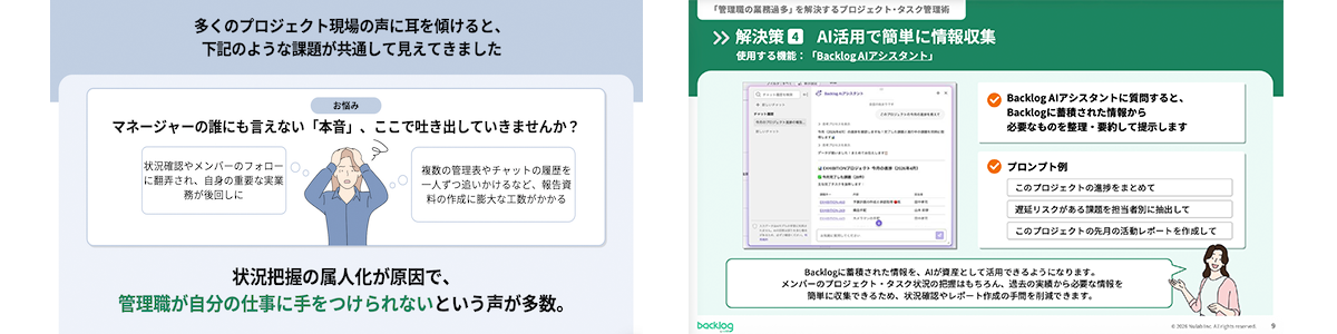管理職の「業務過多」という課題に対し、Backlog AIアシスタントを活用してプロジェクトの進捗や必要な情報を簡単に収集・要約し、レポート作成などの手間を削減する解決策を紹介するスライド2枚。